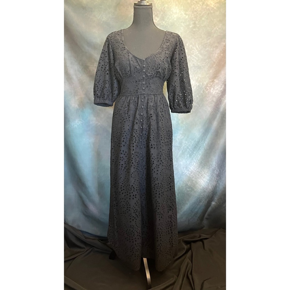 Boston Proper Black‎ Eyelet Button Front V Neck Maxi Dress Puff Sleeve Size 6